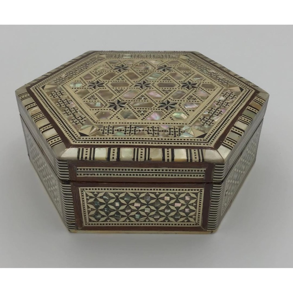 Vintage Marquetry Inlay Jewelry Box Mother of Pearl Wood Mosaic Star 6in - Picture 6 of 10